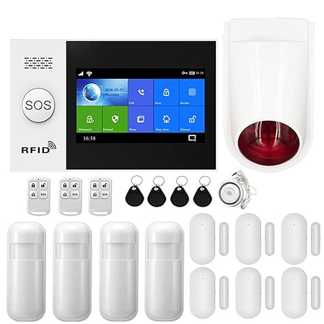 Système de sécurité Domestique, Système D'alarme Intelligent Sécurité Maison 4G GSM Écran Tactile Panneau Hub Kit sans Fil avec Caméra Sirène Solaire Capteur De Mouvement De Porte(WiFi 4G Package G)