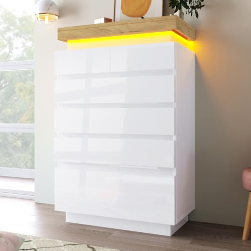 Lcoho Kommode, Hochglanz Sideboard mit 6 Schubladen, LED Beleuchtung (App Control), Mehrzweckschrankfür Wohnzimmer und Schlafzimmer(115 x 73 x 39 cm) Weiß