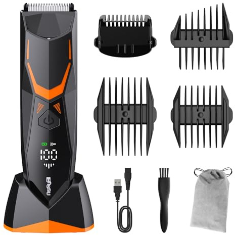 Intimrasierer Mann, IPX7 Wasserdichte Körperrasierer Herren Trimmer Body Elektrorasierer w/Licht, Body Groomer Men Haarschneider Herren Haartrimmer mit Typ-C Aufladen, LCD Display (Schwarz/Orange)