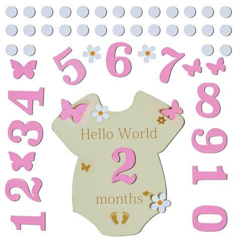 Baby Monatliche Meilenstein Karten, Baby Monatsschilder mit Klebepunkten, Babykarten aus Holz mit 11 Zahlen Zubehör, 0 bis 12 Monate Babyparty Wachstumsaufzeichnung, Meilensteinkarten Holz (Holzfarbe)