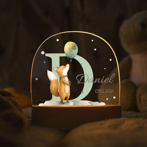GRAVURZEILE Personalisiertes LED Nachtlicht für Kinder - Initial Tiere Fuchs - Personalisiert mit Namen & Datum - Tischlampe für Baby - Geschenk zur Geburt, Taufe & Geburtstag für Jungen & Mädchen