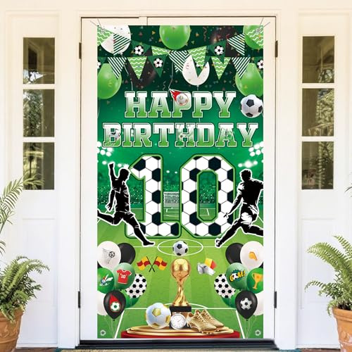 Fussball Deko 10 Geburtstag Kinder Banner - Happy Birthday Fußball Geburtstagsdeko, Grün Großes Fotografie Hintergrund für Jungen Kindergeburtstag Indoor Outdoor Sport Party (180 × 90cm)
