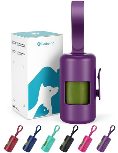Gobeigo Dog Poop Bag Holder【Convenient Hook for Used Bags】【Silicone Strap Fits Any Leash】【Large Opening for Easy Dispensing】with 1 Roll Waste Bags (Purple)