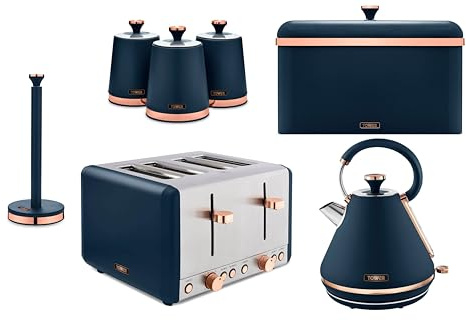Tower Cavaletto Blue 1.7L 3KW Pyramid Kettle, 4 Slice Toaster, Bread Bin, Canisters & Kitchen Roll Holder. Contemporary Matching Kitchen Set of 7 in Matte Midnight Blue Finish with Rose Gold Accents