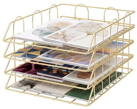 Ablagefach Schreibtisch Organizer & Büro Ablagefächer Stapelbar aus Metall - Briefablage A4, Dokumentenablage A4 Papierablage, Mesh Design - Für A4 Papier, Briefe, Dokumente (Gold)
