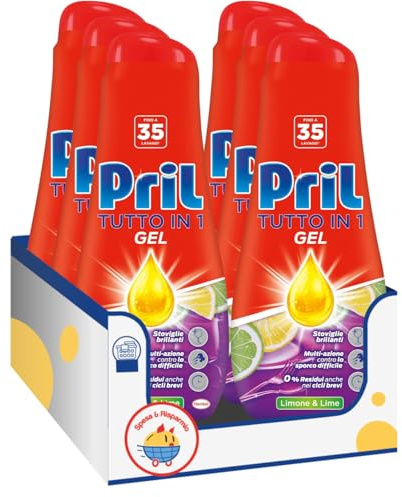 Gel Lavastoviglie All in One al Limone e Lime – Detersivo Liquido Multi-Azione – Azione Brillantante, Anticalcare e Sgrassante – 35 Lavaggi – Variazioni 4/6/8/10 Pezzi (6)