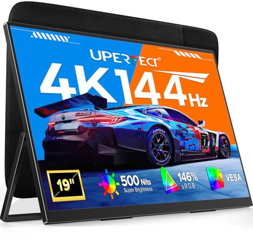 UPERFECT Monitor Portátil Gaming 19 4K 144Hz QLED 0,1ms 500Nits | Pantalla 3840x2160 146%sRGB 2000:1 HDR10 con Soporte Integrado VESA, Monitor Secundario para Laptop PC Consola de Juegos