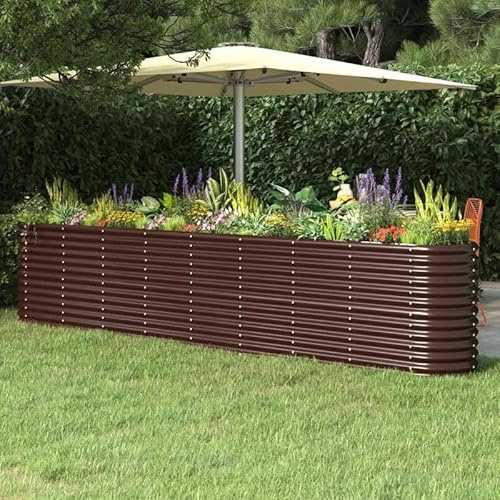 Bancal de acero con recubrimiento en polvo, 332 x 40 x 68 cm, color marrón, duradero y resistente a la intemperie, ideal para jardín y balcón, solución práctica para el cultivo de hortalizas