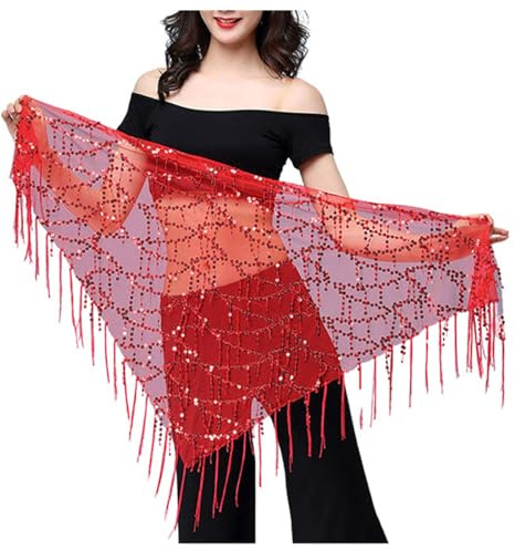 Generisch Collar para danza del vientre con lentejuelas y flecos, pañuelo triangular y envoltura de cadera para actuaciones y ejercicios, accesorios de danza, rojo, A