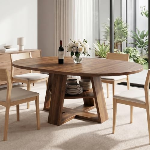 OOFAYJIA Extendable Round Dining Table, 100cm Farmhouse Wooden Dining Table with Cross Base and Removable Table Plate, Space Saving for Dining Room, Kitchen, Living Room, Walnut (Style 2)