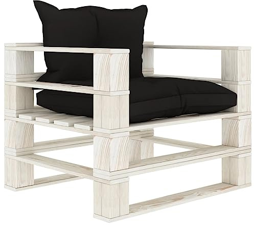 NIVVHOH rustikales Palettensofa & Garten-Sessel Schwarz und Weiß Kiefernholz mit Kissen Outdoor-Sofa Lounge-Sofa für Terrasse, Garten, Wohnzimmer (80 x 67,5 x 60,8 cm)