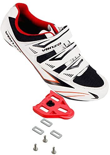 Venzo Bicycle Men's Road Cycling Riding Shoes - 3 Straps- Compatible with Peloton Shimano SPD & Look ARC Delta - Perfect for Road Racing Bikes White Color 42