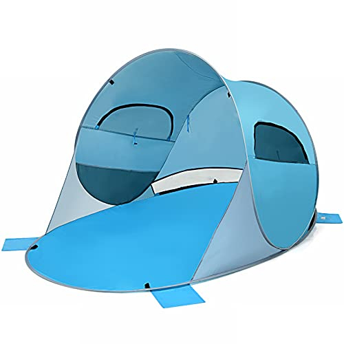 COSTWAY Pop Up Strandmuschel 3-4 Personen Strandzelt Sonnenschutz Wurfzelt mit Tragetasche & 2 Netz-Fenstern & 4 Sandtaschen automatisch für Strand, Garten, Camping (Blau)