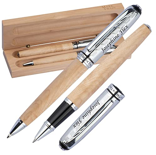 MARK®TWAIN Schreibset Drehkugelschreiber und Rollerball aus Metall mit Gravur - Holzkorpus - Blaue Mine - in Geschenketui zum Geburtstag 1253213