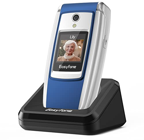 Easyfone T300 4G Téléphone Clapet Portable Débloqué avec Grandes Touches (Écran HD de 2,4 Pouces - Touche d'Assistance - 2.0 MP - Station de Charge) (Bleu)