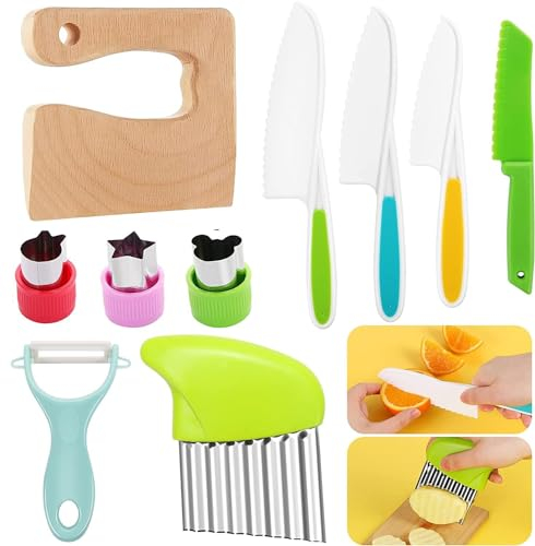 Owyee Juego de Cuchillos de Cocina para Niños, Cuchillos de Seguridad de Madera Seguros para Niños, para Cortar Pasteles de Frutas y Verduras