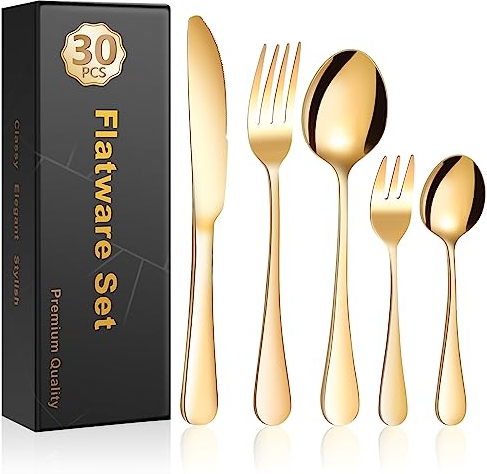Cinnani Couverts de Table Or pour 6 personnes, 30 pièces Set de Couvert de Table, Ménagère en Acier Inoxydable, Ensemble Couverts de Table avec Couteau Fourchette Cuillère, Lavable au Lave-vaisselle