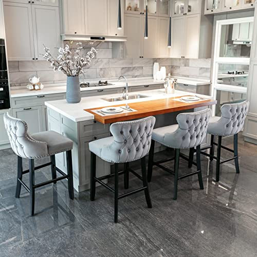 i-POOK Bar Stools Set of 4 Counter Height, Velvet Upholstered Barstools with Solid Wood Legs, Button Tufted and Nailheads Trim, Wing-Back Bar Chairs for Kitchen Island Dining Room Pub, Grey