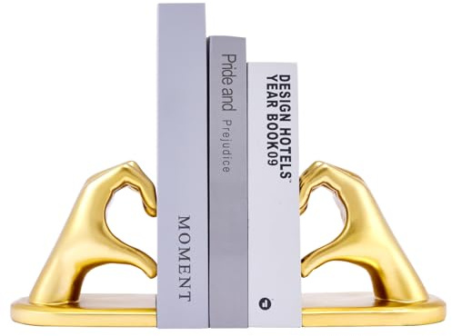 Gold Book Ends Bookends Heart Design for Shelves Decorative,Bookshelf Accessories,Heavy Duty Resin Book Stopper to Hold Books,Non-Skid Bookend,Great Gifts for Book Lover,Larger Size-10.43x3.93x5.51