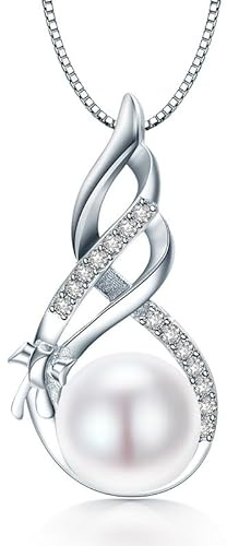 ankbrats Perlen Kette 925 Sterling Silber für Mädchen, Schleife Knopfperle Anhänger Halskette mit kubischem Zirkon, Hypoallergen Lange Perlenkette Silber für Damen Hochzeit