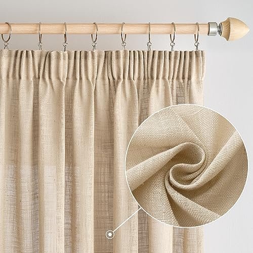 Woaboy Leinen Gardinen mit Kräuselband Vorhänge Wohnzimmer Leinenoptik Halbtransparent Stores Gardine Schlafzimmer Modern Schlaufengardinen 2er Set 140x280cm (BxH) Beige