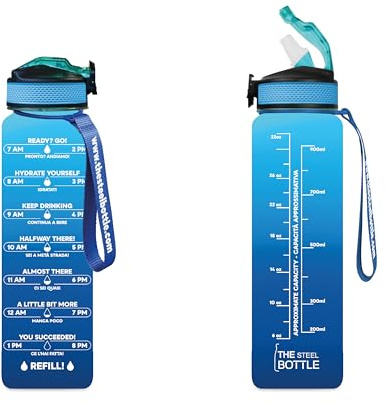 THE STEEL BOTTLE - Borraccia motivazionale 1 Litro con cannuccia e fasce orarie - BPA e Phthalate Free - Bottiglia chiusura ermetica - Ideale per sport, palestra campeggio (Blue & Aquamarine)
