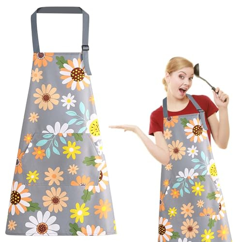 Grembiule Regolabile con Tasca, Impermeabile Resistente All'olio Grembiule da Cucina per Donna, Regolabile e Cinghia al Collo Grembiule, Grembiuli Floreali, per cottura al forno, barbecue (fiori)