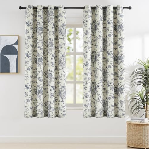 Melodieux Vintage Floral Blackout Curtains Bedroom Living Room Farmhouse Thermal Insulated Cotton Eyelet Curtains French Country Toile de Jouy 52x63 Inch Navy Blue 2