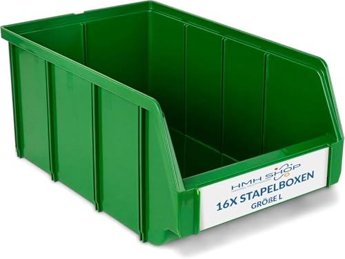 HMH 16x Stapelboxen Größe L Werkstatt Garage Keller Sichtlagerboxen 335x209x152mm Lagerboxen GRÜN Sichtlagerkästen Kleinteile Aufbewahrung