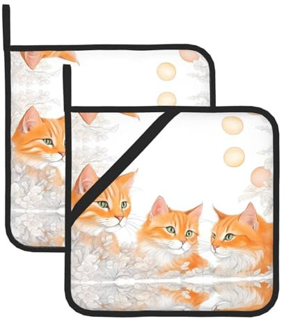 Set di due presine quadrate resistenti al calore con stampa di gatti arancioni, 20,3 x 20,3 cm, tessuti di qualità, anti-scottature e facili da pulire