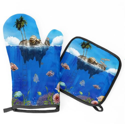 Ofenhandschuhe Meeresschildkröte, Tropischer Fisch Grillhandschuhe Waschbare Topfhandschuhe Anti-Rutsch Topflappen Set Für Kochen Backen Barbecue