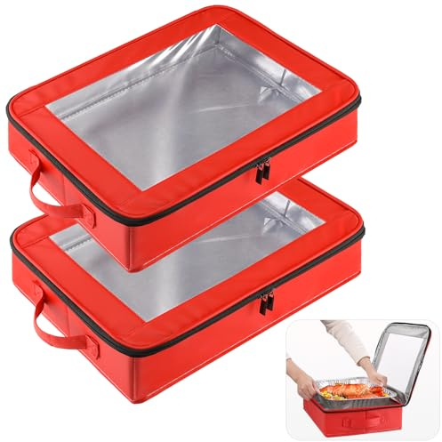 OUTXE Confezione da 2 contenitori per padelle in alluminio da 22,9 x 33 cm, con coperchio, in pelle PU con manico, vassoio da portata per alimenti, impilabile, in alluminio, per viaggi, potlucks