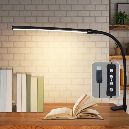 Homefire Lámpara de Escritorio LED Sujetable - Negra 3 Colores y 5 Niveles de Brillo USB 5W Lámpara de Luz Diurna Protección Ocular Cuello de Cisne Lámpara de Mesa para Oficina Estudio Sastre