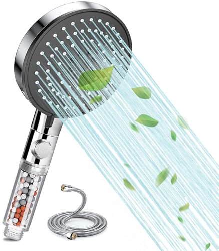 Duschkopf mit Filter, Hochdruck Handbrause mit 2m Schlauch, 5 Strahlarten Wassersparender Handbrause Mit Stoppfunktion, Duschbrause für Hartes Wasser,Rest-Chlor, Schwermetall