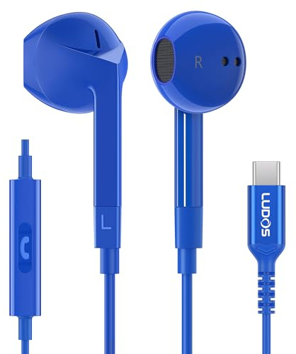 Ludos FEROX Auriculares USB C con Micrófono, Garantía de 5 años, Auriculares Tipo C con Cable para iPhone 16 15 Pro MAX Plus Samsung Galaxy S24 S23 S22 Ultra S21 FE S20 A53 A54, iPad Pro Air - Azul