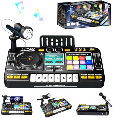 RedCrab Kids DJ Mixer Table, DJ Decks for Baby with Microphone, Bluetooth, Piano Keys, LED Lights, Interactive Music Keyboard Toy for Children, Educational Musical DJ Set for Boys and Girls