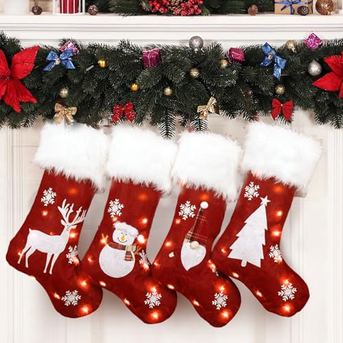 Axrye Weihnachtsstrumpf-Set mit 4 Stück, 18 Zoll Weihnachtssocken-Dekoration mit LED-Lichtern, Plüsch-Kunstfell-Hängesocken-Weihnachtsstrumpf-Set, Weihnachtsparty-Dekorationen