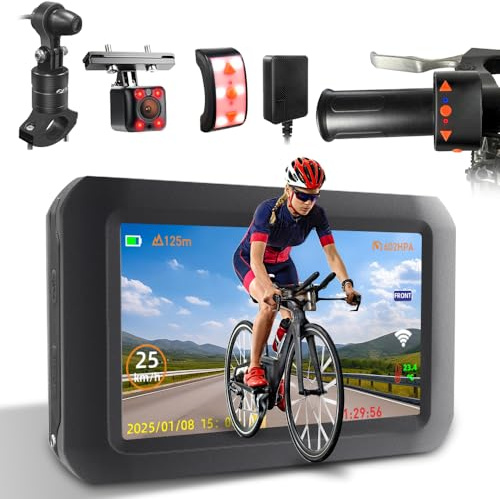 Miroir de vélo VSYSTO avec WiFi et GPS, écran de 4 Pouces, caméra vélo Frontale et arrière 1080P pour Selfie, Mode Conduite assistée, contrôleur Filaire, Affichage de la température et des Calories