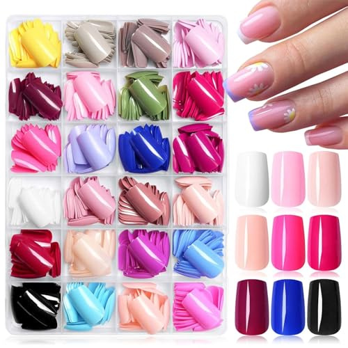 TESGADGETS Ensemble de 576 faux ongles carrés de taille moyenne à coller, ongles en acrylique de taille moyenne à coller, faux ongles à coller