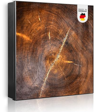 banjado Großer Schlüsselkasten Metall - Schlüsselbox 30x30cm beschreibbarer mit 32 Haken - Schlüsselkasten modern für Schlüsselaufbewahrung - Korpus Schwarz Scharnier Rechts - Motiv Holzring mit Risse
