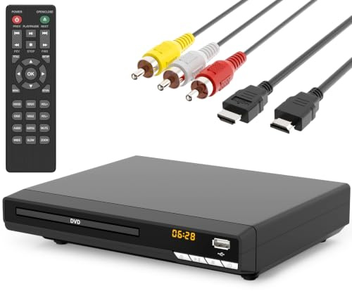 DVD-spelare för TV med HDMI, spelar alla regioner och format, CD-spelare för hem, stöder 1080P video/CD/DVD/VCD/JPEG/USB, fjärrkontroll, HDMI och RCA-kablar ingår (2026 ny modell)