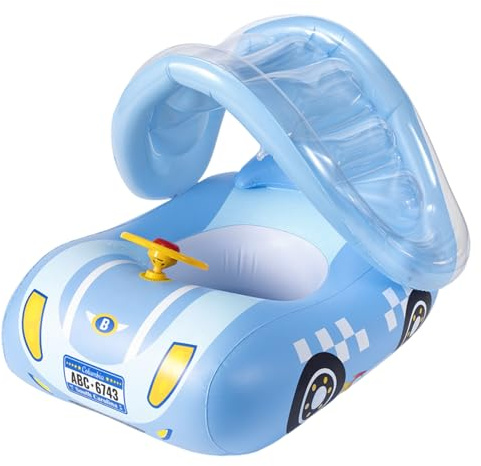 BEAHING Galleggiante per Bambini con tettuccio Gonfiabile a Forma di Auto Galleggiante per Piscina per Bambini con Sedile e Volante per Ragazze Ragazzi 1-6 Anni Baby