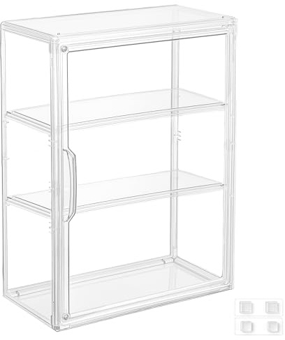3-Tier Clear Acrylic Display Case for Figures, Wall-Mounted | Magnetic Door, 2 Removable Plates, Stackable Design, High Transparency Box, Display Cases for Collectibles