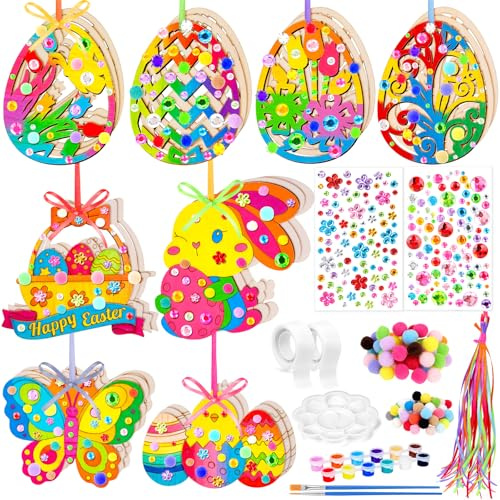 Kkluno Ostern Basteln Holz Zum Bemalen - 217 Stück Bastelset Holzanhänger Oster mit Osterhase Küken Ostereier zum Bemalen Pompons Deko Schnur Strass, Ostergeschenk Bastelset