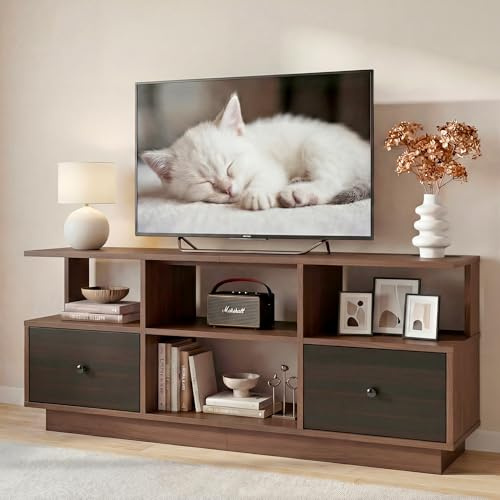 Manora Mueble de TV con Enchufe, Mesa de TV para hasta 55 Pulgadas, Mueble TV Salon con 2 Cajón y 4 Compartimentos Abiertos, Mueble Television para Salon, Dormitorio, 120 x 30 x 54 cm, Marrón y Negro