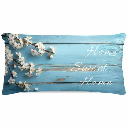 Gusidachig Farmhouse Wooden Grain Satin Pillowcase for Hair and Skin with Zipper, Soft Breathable Cooling Silk Pillow Cases, Vintage Shabby Chic Flower Blue Throw Pillow Covers King Size 20x40