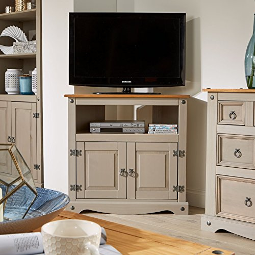 Home Source Corona Grey TV Stand Pine 2 Door Television Cabinet Corner Unit Solid Wood