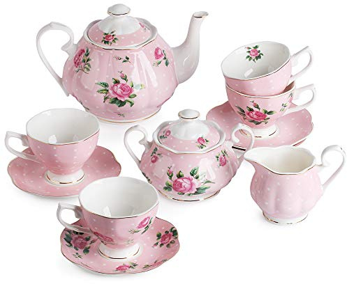 BTaT- Floral Tea Sets for Adults, 13 pcs, Service for 4, Pot (38 oz) & Cups (8 oz) with Saucers, Pastel Pink Floral Design with Gift Box, Porcelain Tea Set for Adult, Dishwasher Safe