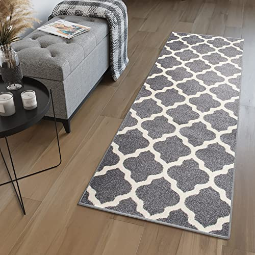 TAPISO MAROKO Läufer Teppich Brücke Flur Modern Geometrisch Marokkanisch Gitter Designer Muster Grau Creme ÖKOTEX 60 x 100 cm