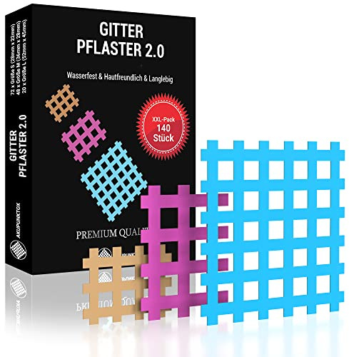 AKUPUNKTOX Gittertape 140 Stück – selbstklebendes Cross-Tape Set in 3 Größen (A/B/C) – hautfreundlich, wasserabweisend & extra stark haftend